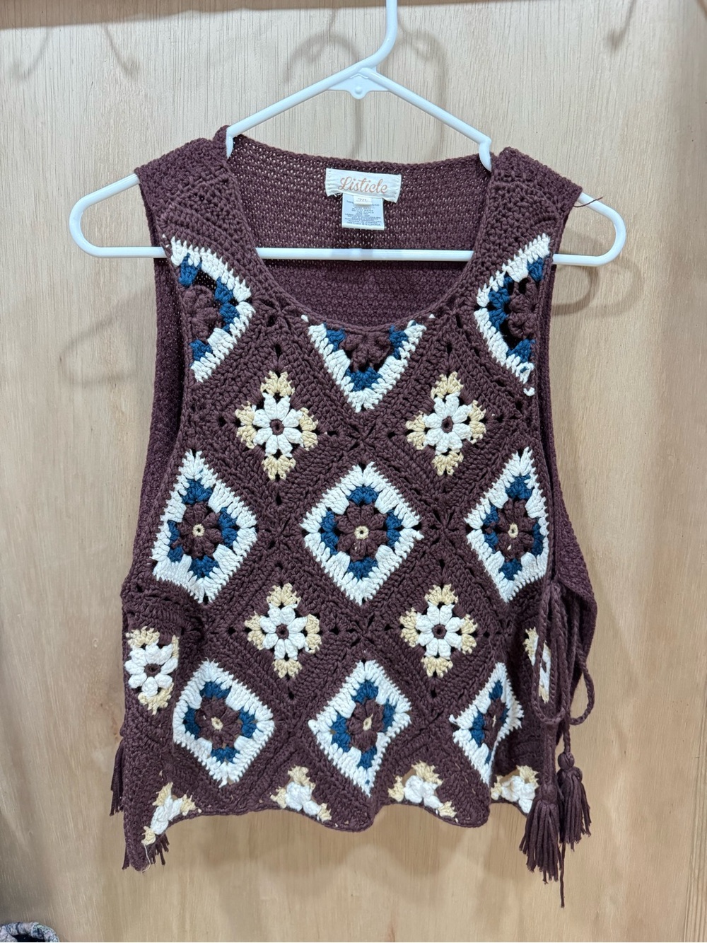 Listicle Brown Crochet Tank with Cream and Blue Floral Squares size M